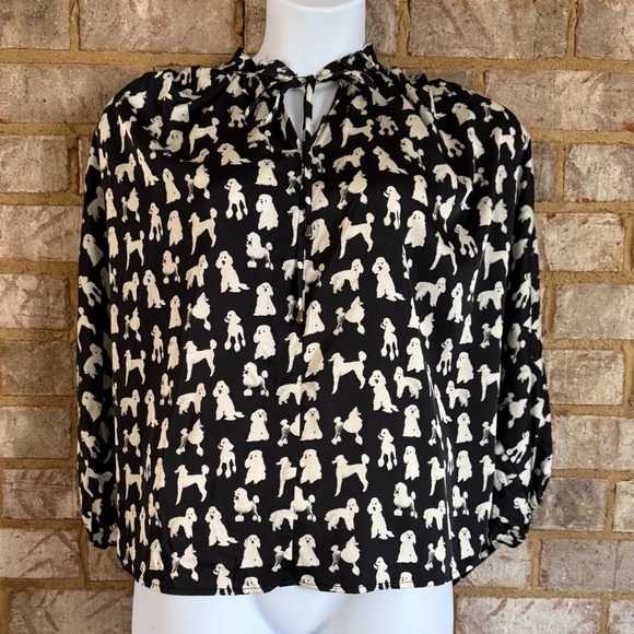 Entro Dog Print Blouse Small Black Cream Novelty Puppy Top Cottage Coquette boho - Picture 2 of 9